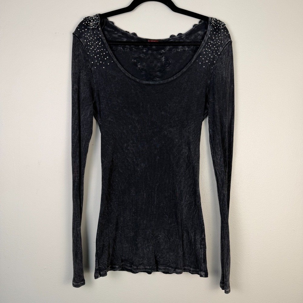 T-Party‎ Blouse Womens L Black Beaded Embellished Long Sleeve Scoop Neck Y2K